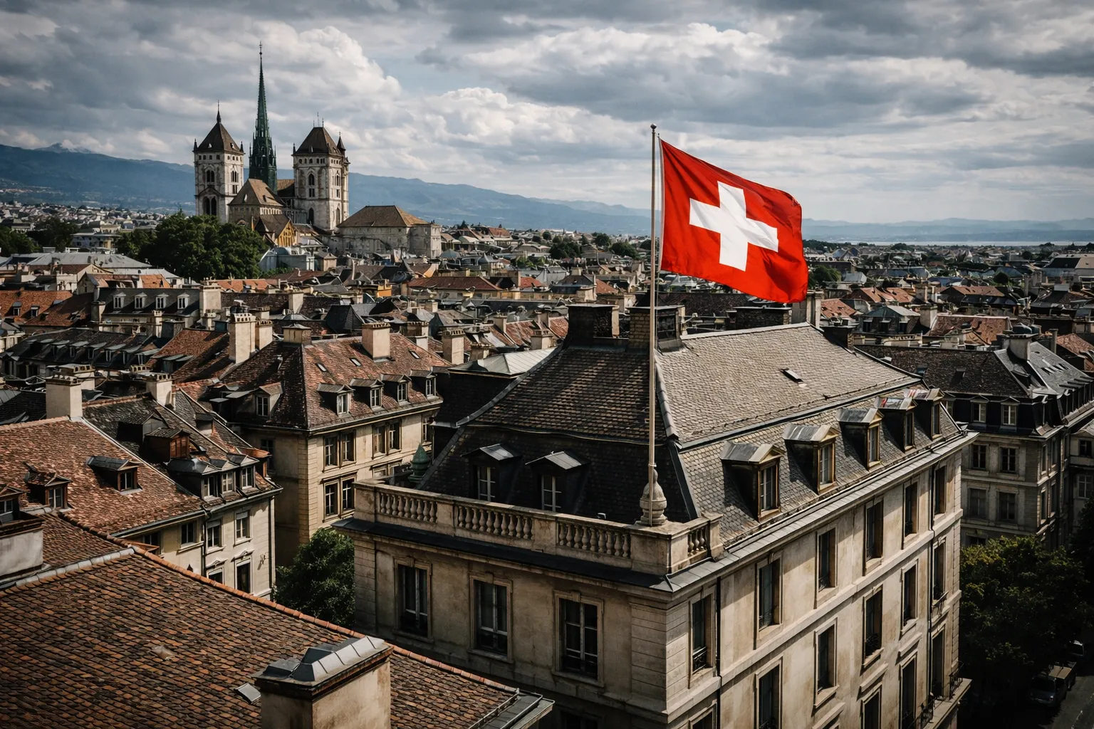 Geneva old town with Swiss flag